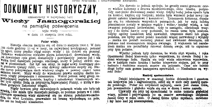 dokument umieszczony w odbudowanej wieży jasnogórskiej, 15-08-1906.jpg