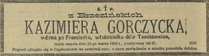 nekrolog, Kazimiera Gorczycka, K.W., d.por., 89, 1909 r..jpg