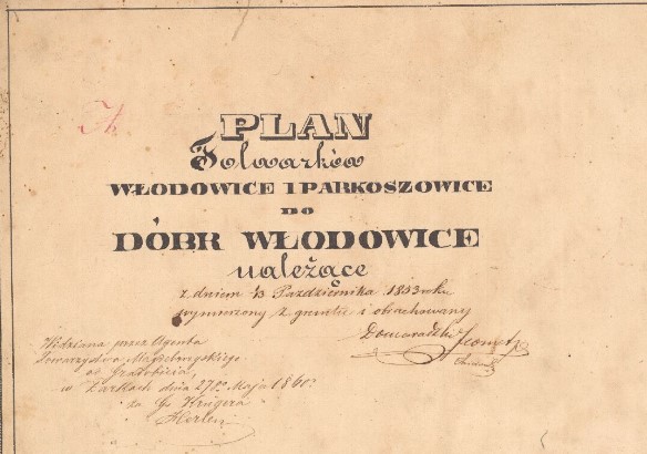 Plan folwarków Włodowice i Parkoszowice do dóbr Włodowice należące z dniem 13 października 1853 roku wymierzony z gruntu i obrachowany, cz.1.jpg