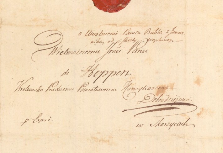 Korespondencja urzędowa hrabiego Męcińskiego z władzami pruskimi w sprawie uwolnienia poddanego od służby wojskowej, 1802 r., list.jpg