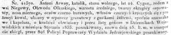 list gończy, Antoni Arway, Niegowa, Dz.Rz.W.K. 42, 1834 r.jpg