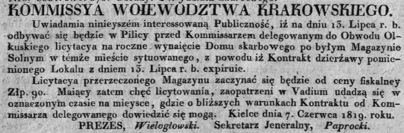 licytacja byłego magazynu solnego, Pilica, Dz.Rz.W.K.25, 1819 r..jpg