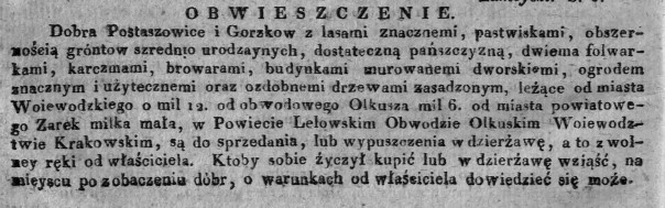 Postaszowice i Gorzków do sprzedania lub wydzierżawienia, Dz.U.W.K. 21, 1822 r..jpg