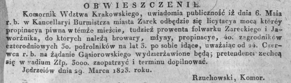 propinacja piwna w Żarkach, browar w Jaworzniku Dz.U.W.K. 14, 1823 r..jpg