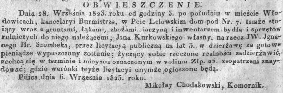 licytacja dzierżawy domu we Włodowicach, Dz.U.W.K. 38, 1823 r..jpg