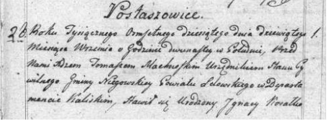 akt urodzenia dziecka ekonoma dóbr Postaszowice, wymieniony posesor dóbr, 1810 rok, cz.1.jpg