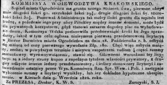 licytacja gruntu Szpitala w Ogrodzieńcu, Dz.U.W.K. 38, 1824 r..jpg