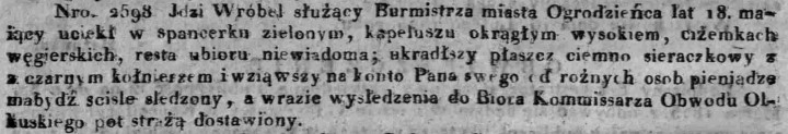 List gończy za służącym Burmistrza Ogrodzieńca, Dz.U.W.K. 10, 1825 r..jpg