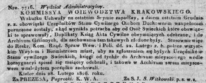 prowadzenie ksiąg stanu cywilnego, zmiana od 1826 r., Dz.U.W.K. 11, 1826 r..jpg